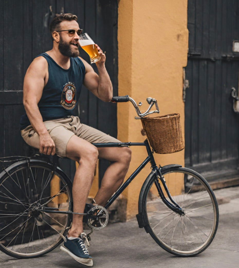 Homme Qui Fait Du Vélo Et Boit De La Bière (Vue Ia)